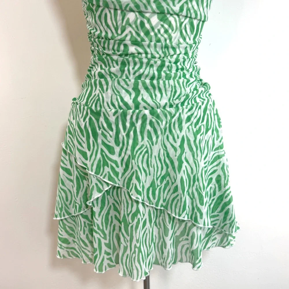 Diane von Furstenberg Target Mesh Ruched Mini Dress‎ Green Zebra Print Y2K XS